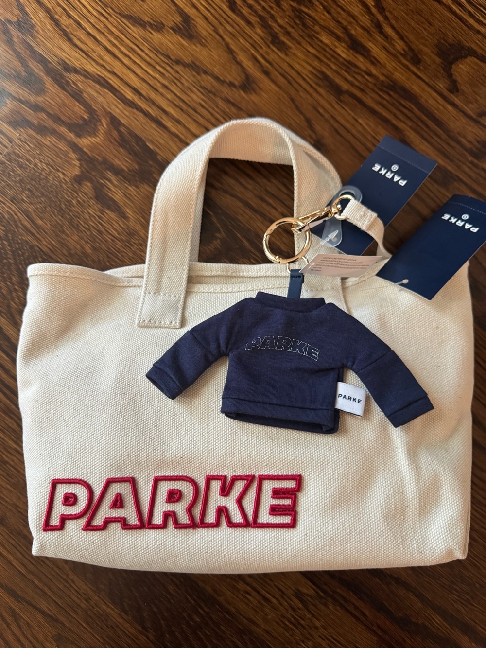 Parke Cream Canvas Tote with Red Logo and Navy Parke Shirt Keychain- Small Tote